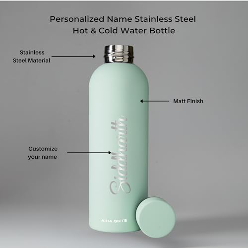 Image of AICA Personalized Name Stainless Steel Water Bottle -500ml -12Hrs Hot & 18Hrs Cold (Pistagreen) |Customised Gift For Man Woman Girl Boy