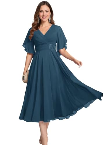 DREAMIND Teal Mother of The Bride Dresses for Women 2026 Ruched Chiffon A Line Short Mother of Groom Dress for Wedding US8