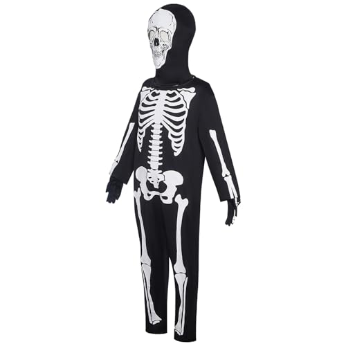 Krmoau Disfraz de esqueleto de Halloween para niños, mono brillante de una pieza con accesorios, disfraz de traje corporal para niñas eventos festivos