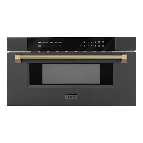 Image of ZLINE Autograph Edition 30 in. 1.2 cu. ft. Built-in Microwave Drawer in Black Stainless Steel and Champagne Bronze Helix Handle (MWDZ-30-BS-KCB)
