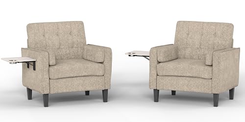 Image of Chenille Accent Chair, Mid Century Modern Arm Chair with Foldable Wooden Side Table & Cup Holder - Comfy Reading Chair for Bedroom,Living Room Chairs,Sofa Chair Set of 2,Beige