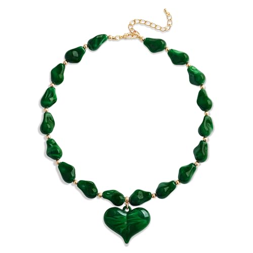 YUJIE Christmas Dark Green Acrylic Heart Pendant Necklace,Statement Chunky Irregular Bead Chain Jewelry for Women,Xmas Festive Fashion Accessory
