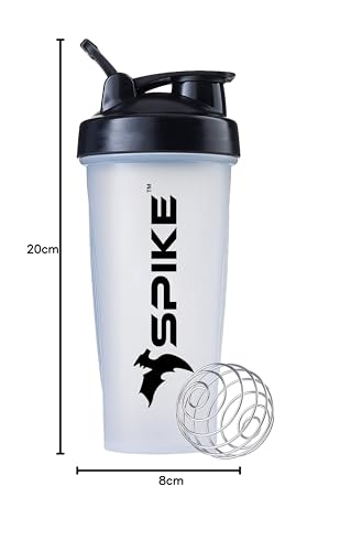 SPIKE Protein Shaker Blender Bottle for Whey protein mix, cycling, gym water bottle with Stainless Steel Blender Ball 700ml (Clear, Pack of 1)