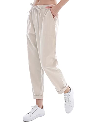 Womens Linen Pants for Summer Drawstring Soft Cropped Linen Cotton Pants Elastic Waist3