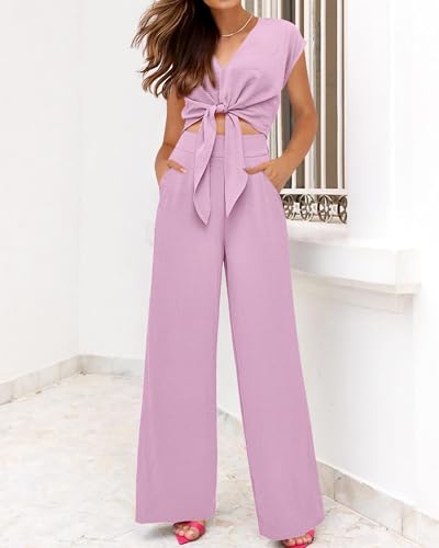 Image of PRETTYGARDEN Women's Summer 2 Piece Outfits 2026 Cap Sleeve V Neck Belted Crop Tops Wide Leg Pant Sets Casual Tracksuit