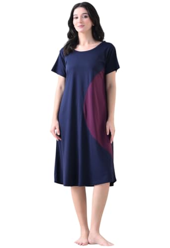 Image of Women's Night Dress Short Sleeve Round Neck Sleepwear with Stylish Contrast Panel, Comfortable Nightwear for Women