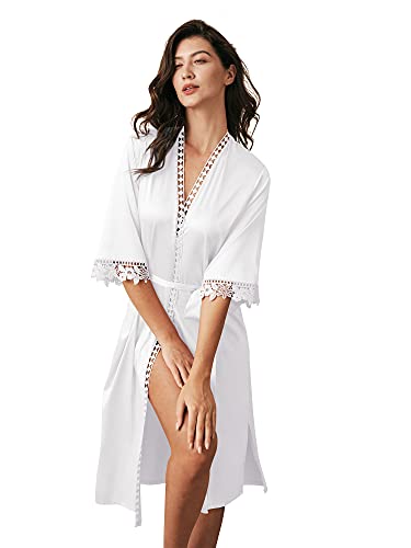AW BRIDAL Plus Size Women\'s Satin Kimono Robes Bridesmaid Robes Bridal Lace Robes Wedding Party Robes Lingerie, White XL
