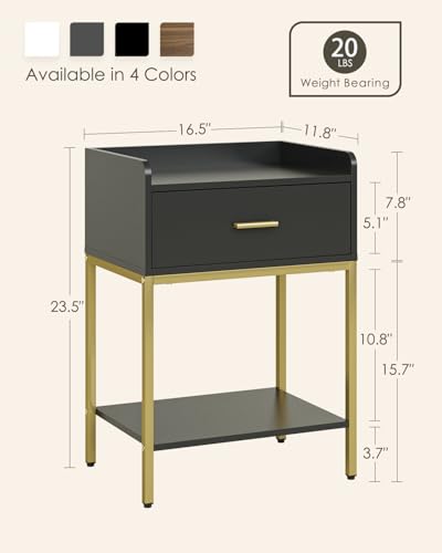 Image of Masupu Nightstand,Bedside Table 3-Tier Modern Night Stand with Storage Drawer and Shelf,Small End Side Table for Bedroom,Living Room,Black (Without Outlet, Black)