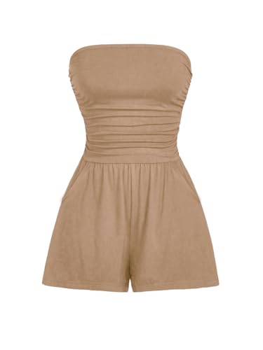 Image of AUXDIO Women Summer Casual Strapless Romper Sleeveless Off Shoulder Short Jumpsuits 2026 Beach Vacation Clothes