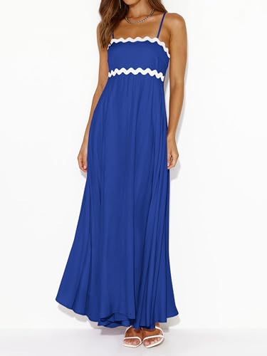 Image of PRETTYGARDEN Women Spaghetti Strap Boho Maxi Dresses Flowy | Sleeveless Smocked Long Dress, Striped Trim Flowy Dress Pockets, Elegant Square Neck Beach Sundress, Casual Summer Outfits