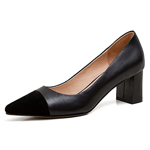 Lutalica W Women's Trendy Pointed Cap Toe Slip On Comfort Two-Toned Chunky High Heel Pumps for Office Evening Wedding