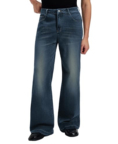 Image of Mens Bootcut Baggy Jeans Stretch Flared Wide Leg Old Money Jeans Lightweight Breathable Vintage Stylish Casual Denim Pants