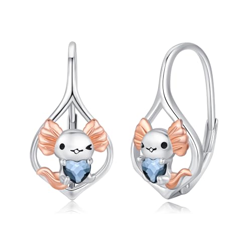 Twoowl Brincos de ajolote para mulher, prata de lei 925, coração de vidro, fecho de alavanca, jóias de presente para mulher, prata de lei, Prata esterlina