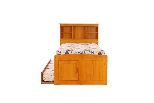 Discovery World Furniture Twin Bookcase Captains Bed with 3 Drawers and Twin Trundle, Honey