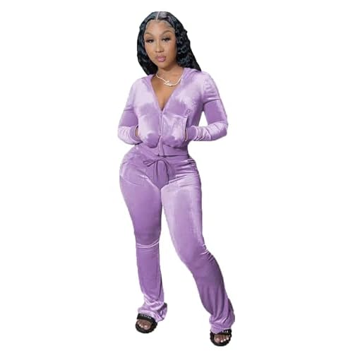 yidengymx Womens 2 Piece Velour Tracksuit Two Piece Outfits for Women Long Sleeve Zip Up Crop Tops Sweatpants Sets Pockets X-Small Hoodie/Wide Leg Pants-light Purple