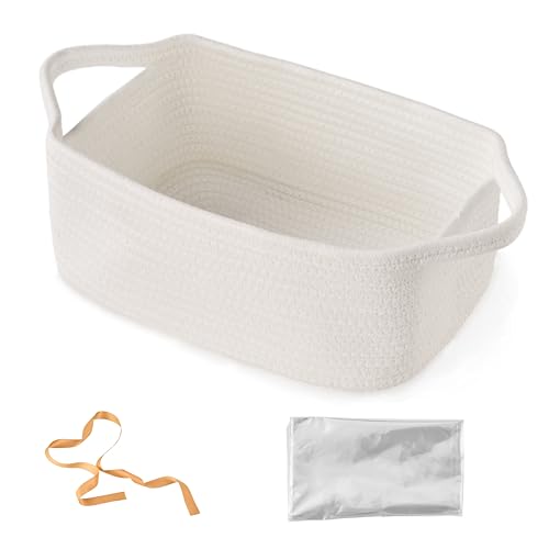 Small Woven Gift Basket Empty with Bag & Ribbon Storage Basket for Fathers Day for Dad Baby Shower Boy or Girl Birthdays Raffle Graduation Cute Organizer with Handles 12x8x5 White