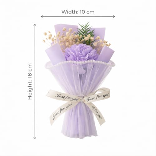 Image of Mini Artificial Flower Bouquet Gifting, Preserved Look Flower Pearl Net Wrap inchJust for You inch, Romantic Small Gift Valentine, Birthday, Proposal, Home & Desk Decor (Lavender)