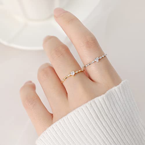 Meisss Tiny Heart Ring Stacking Dainty Cute Ring Sterling Silver Minimalist Ring Friendship Matching Stackable Diamond Gold Ring (Silver, 5.25) #TOP5