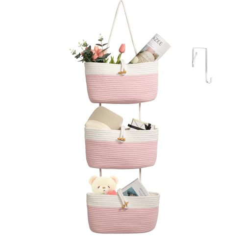 Image of TeoKJ Over The Door Hanging Baskets with Button Strap, 3-Tier Woven Cotton Storage Organizer Bag, Wall-Mounted with Hook Decorative Hanging Nursery Baskets - Pink+White