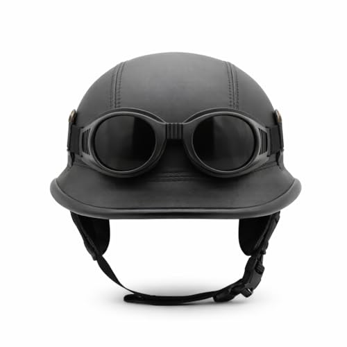 Casque de moto demi-coque vintage aspect cuir avec lunettes de soleil amovibles Harley Chopper Militaire Scooter (Taille L, H1)