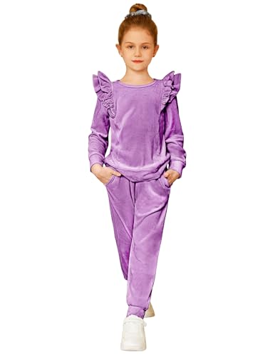 Image of Arshiner Girls 2 Piece Outfits Velour Tracksuit Ruffle Sweatshirt Sweatpant | Cute Clothes, Sweatsuit, Long Sleeve Pullover, Fall Winter Clothing Sets, for 3-10 Years
