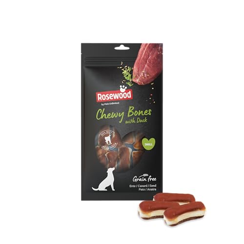 Rosewood Chewy Bones Ente Small – Kleine Kauknochen für Hunde, Kausnack aus Rinderhaut mit Ente, unterstützt die Zahnpflege, ohne Getreide, ohne künstliche Zusatzstoffe, 80 g