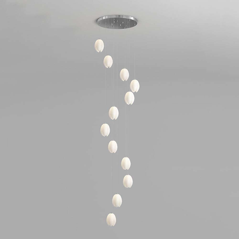KXEcoLife 6 Lights Foyer Chandeliers Entryway High Ceiling Floral White Flower Light Cluster Long Linear Hanging Chrome Nordic Chandelier for Staircase Stairwell Living Room/