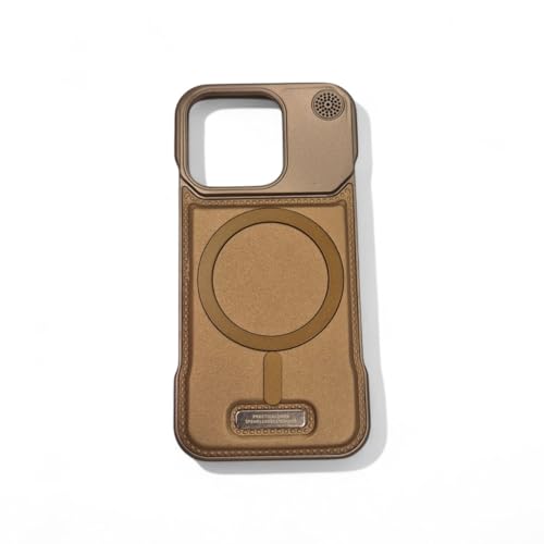 Image of Frameless Metal Case Compatible with MagSafe Luxury Aluminum Frame with PU Leather Finish Magnetic Ring with Wireless Charging Shockproof Premium Slim Case (Golden, iPhone 14 PRO MAX)