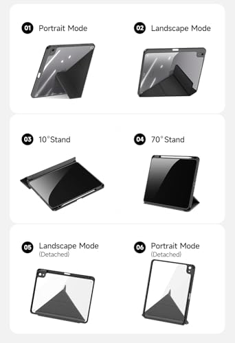 Image of INICIO Smart Folio Case for M3 /M2 iPad Air 11 inch 7th /6th 10.9in 5th /4th, Detachable Front Cover, Trifold Multi Angle Stand, Pencil Holder, Auto Wake /Sleep, Durable Protection, PU+PC+TPU, Black