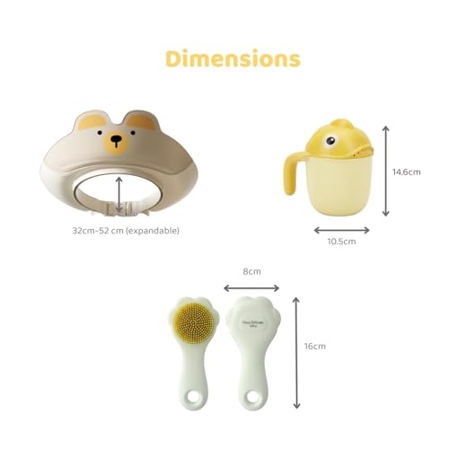 Image of Haus & Kinder Bubbles Baby Bathing Kit (Set of 3) | Rinse Cup, Adjustable Shower Cap & Silicone Shampoo Brush for Newborns & Infants (0-12 Months)