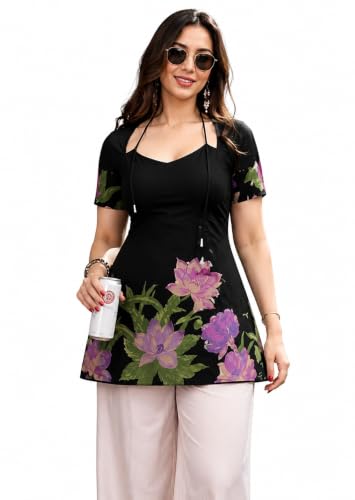 Image of Women's Floral Pure Cotton V-Neck Short Kurti (Has Lining) | Lightweight Short Sleeve Tunic | Breathable Stylish Casual & Office Wear Top