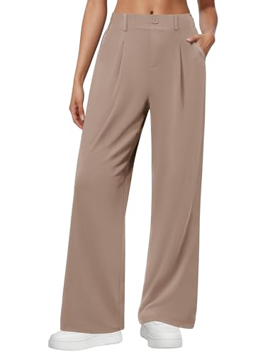 DLOODA Wide Leg Dress Pants for Women, Pull on Elastic Stretchy Work Pants High Waisted Casual Slacks with Pockets