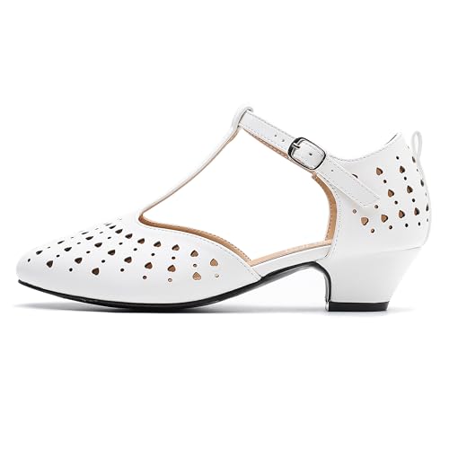 Image of MAIERNISI JESSI Women's T-Strap Mary Jane Pumps, Low Block Heel, Closed Toe, Buckle Ankle Strap