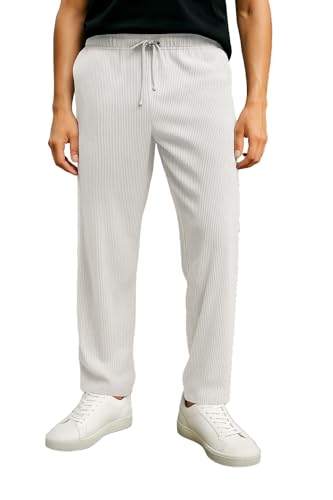 Image of Fashion Booms Men's Ribbed Casual Pants | Soft Stretch Lounge Wear Drawstring Track Bottoms | Comfortable Relaxed Fit Trousers | White (X-Large)