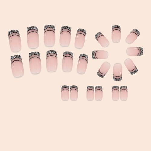 Image of Black French Tip Press on Nails Medium Square Fake Nails with Design Black Line False Nail Glitter Glue on Nail Glossy Full Cover Artificial Acrylic Bling Stick on Nail for Women NBNTGH Manicure 24pcs