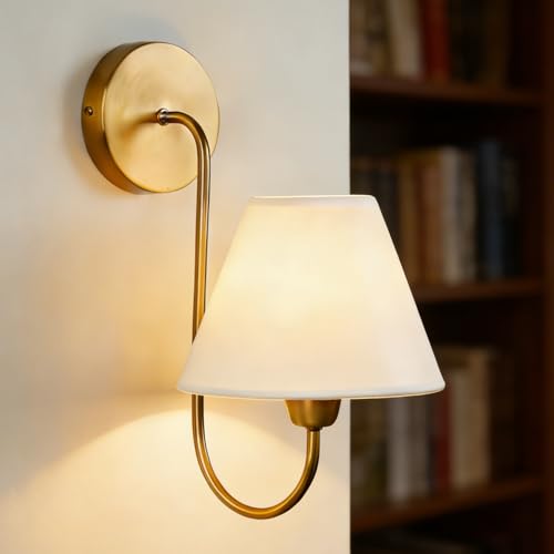 Image of Vintage Single Swoop Wall Sconce with White Linen Shade, Antique Brass Gooseneck Arm Wall Sconce, Elegant Light Fixture for Bedroom, Living Room, Beside The Mirror (7.5 Inch Shade)
