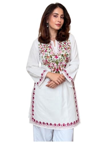Image of GoSriKi Short Kurti for Women Viscose Embroidered | Kurti for Woman Regular Fit | Round Neck V Slit Full Sleeve Stylish Ladies Top Ethnic Wear Womens Clothing Trendy Kurta Tops