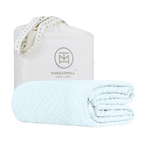 Threadmill Luxury Cotton Blankets for Twin Size Bed | All-Season 100% Cotton Twin Blanket for Bed | Criss Cross Jacquard Lightweight, Soft & Cozy Coverlet, 350GSM, 68 x 90 inches | Light Blue