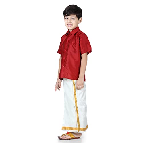 Image of BownBee Boys Silk Shirt and Mundu Dhoti South Indian Traditional Ethnic Dress for Kids with Half Sleeves, Button Closure Shirts for Baby Boy, Ideal for Any Festival Occasions & Wedding
