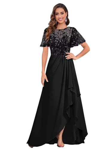 Mother of The Bride Dresses for Wedding Guest Short Sleeves Sequin Chiffon Formal Evening Gown JH036