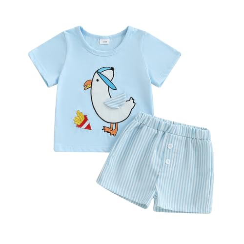 Finegoodwei Baby Boy Summer Outfit Cartoon Embroidery Short Sleeve Round Neck T-Shirt + Stripe Shorts 2Pcs Set (Sky Blue, 6-12 Months)