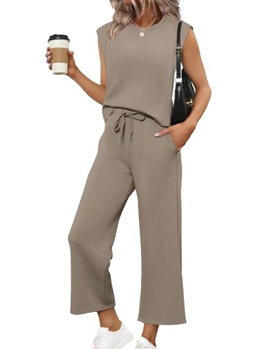 Image of SAMPEEL Two Piece Sets for Women Casual Travel Vacation Outfits Summer Wide Leg Crop Pants Lounge Sets