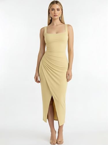 Image of Women's Sleeveless Midi Dress, Square Neck, Ruched Side, Bodycon Style with Slit