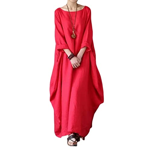 MOGSA Vestido Maxi de Primavera Suelto Cuello Redondo Manga Media Gran Vuelo Algodón Lino Vestido Largo Rojo,4Xl