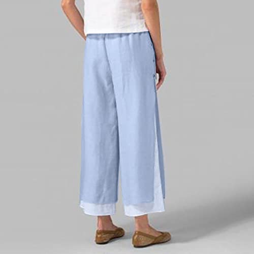 Women's Color Block Buckle Pants Wide Leg Capri Pants Double Layer Cropped Trousers Women's Elastic Waist (Sky Blue, M)3