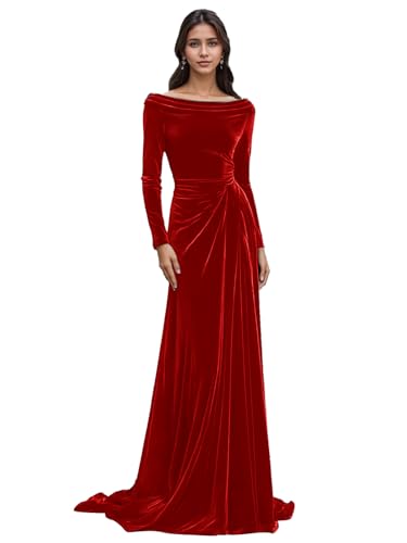 Dansiuey Red Fall Bridesmaid Dress for Wedding Long Sleeves Velvet Prom Dresses Pleated Formal Dress for Women Size 8