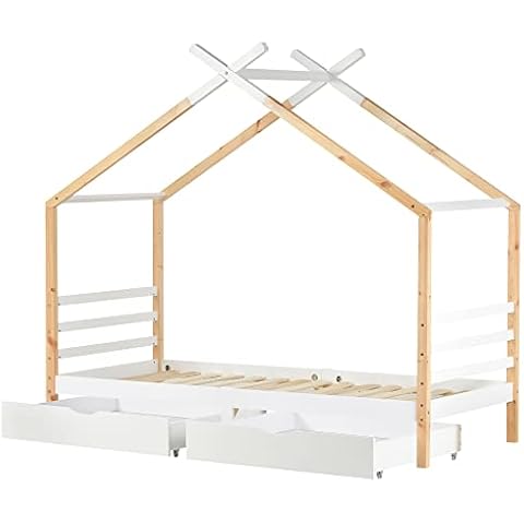 Bidook Wooden House Bed with Two Storage Drawers for Kids, Solid Pine Wood, 3 FT Single Tree House, Canopy Bed for Children Girls and Boys,190*90 cm,White and Natural(UK Stock) Cover