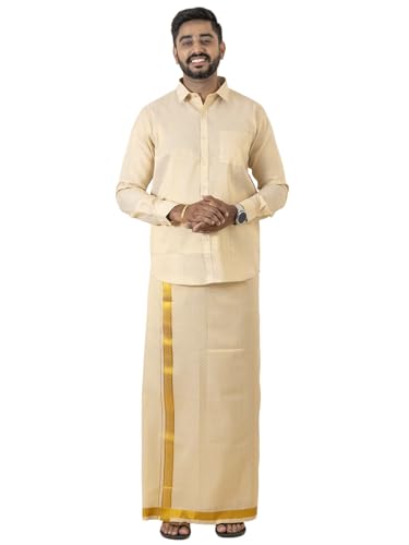 Image of RAMRAJ COTTON Men Gold Tissue Jacquard Full Sleeves Shirt with Matching Dhoti Set