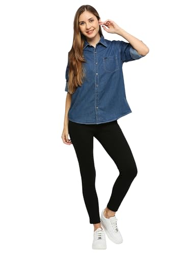 Image of Women's Denim Shirt with Roll-up Sleeves, Blue, 100% Cotton | Classic Denim Shirt | Shirt for Women Stylish Western | Beach Summer Shirt for Women