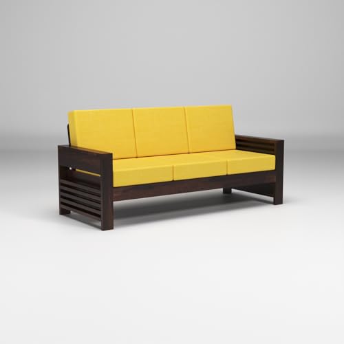 Image of Sheesham Wooden 5 Seater Sofa for Living Room | Rosewood 5 Seater Cushion Sofa with Side Teapoy for Home & Office | Solid Wood Sofa Set for Lounge (Walnut,Grey,3+1+1 Seater)